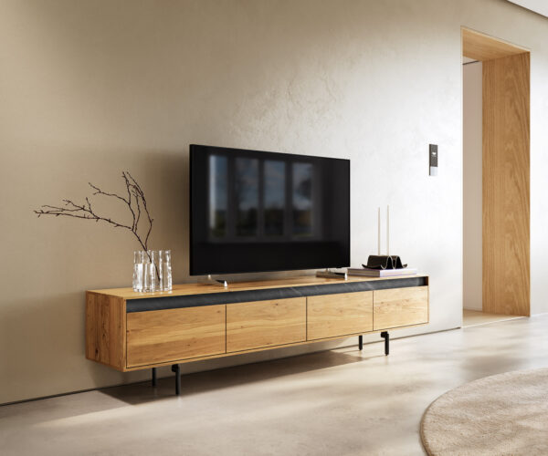 TV stolek Stonegrace 200 cm přírodní dubový kámen 4 zásuvky oválné nohy kov černý