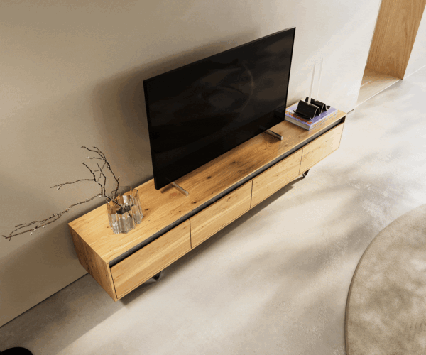 TV stolek Stonegrace 200 cm přírodní dubový kámen 4 zásuvky V-nohy nerezová ocel - Image 4