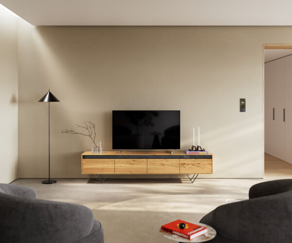 TV stolek Stonegrace 200 cm přírodní dubový kámen 4 zásuvky V-nohy kov černý - Image 2