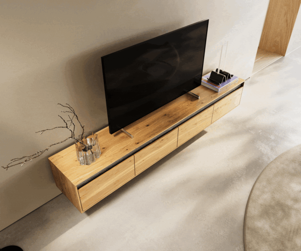 TV stolek Stonegrace 200 cm přírodní dubový kámen 4 zásuvky v plovoucím stylu - Image 4
