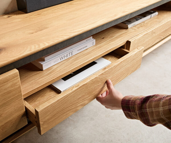 TV stolek Stonegrace 240 cm přírodní dub 2 dveře 1 přihrádka 2 zásuvky kámen dýha vznášející se design - Image 5