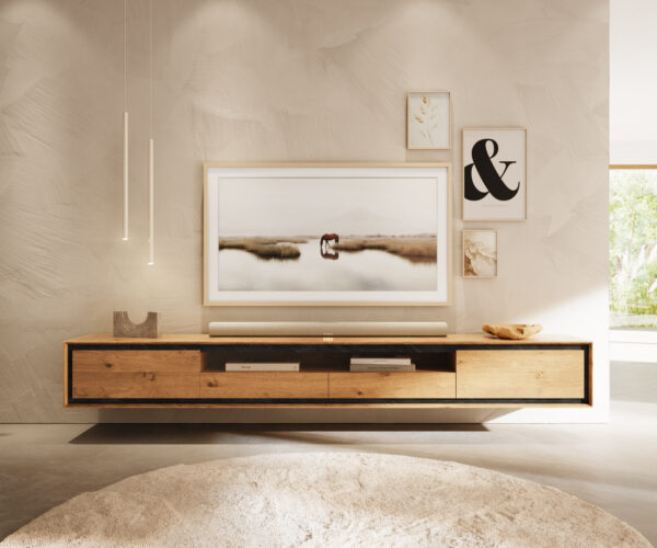 TV stolek Stonegrace 240 cm přírodní dub 2 dveře 1 přihrádka 2 zásuvky kámen dýha vznášející se design - Image 2