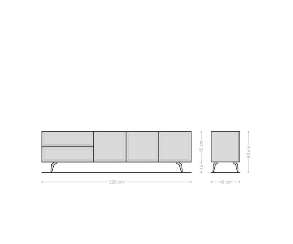 TV stolek Marellia 220 cm šedá 3 dveře 2 zásuvky, šikmé nohy, kov černý - Image 7