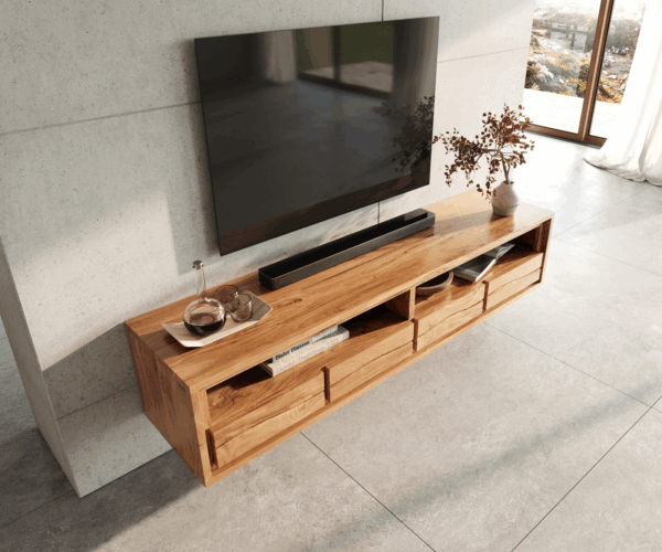 TV stolek Live-Edge 190 cm přírodní akácie, 4 zásuvky, vznášející se design - Image 4