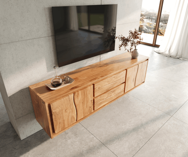 TV stolek Live-Edge 200 cm přírodní akácie 4 dveře 2 zásuvky ve stylu levitace - Image 4