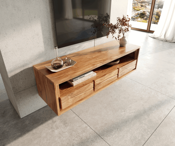 TV stolek Live-Edge 146 cm přírodní akácie 3 zásuvky 1 přihrádka v plovoucím stylu - Image 4