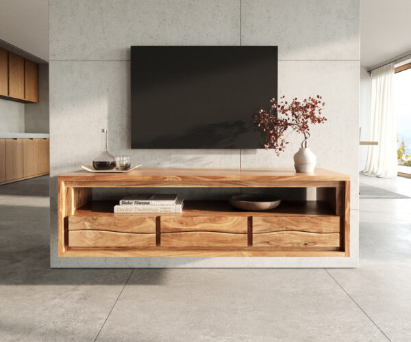 TV stolek Live-Edge 146 cm přírodní akácie 3 zásuvky 1 přihrádka v plovoucím stylu - Image 2