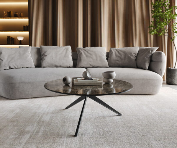 Konferenční stolek Delron 90x90 cm keramika Laminam Emperador Extra Lucidato tmavě hnědý křížový rám, plochý černý kov - Image 2