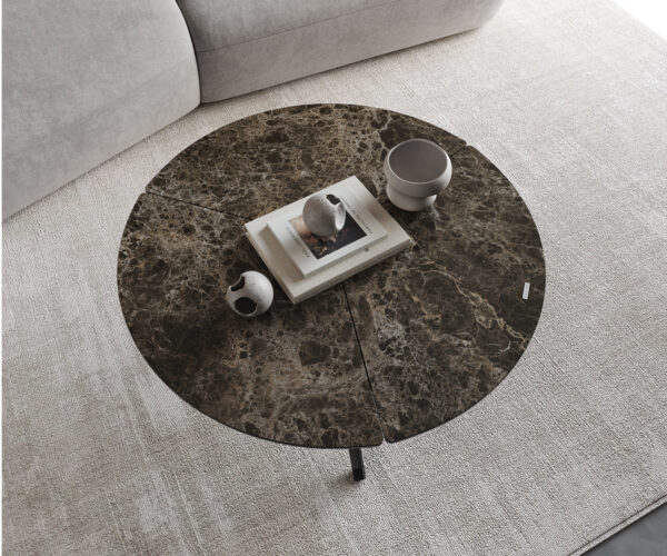 Konferenční stolek Delron 90x90 cm keramika Laminam Emperador Extra Lucidato tmavě hnědý křížový rám, plochý černý kov - Image 3