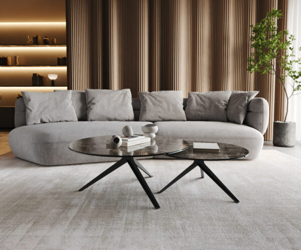Konferenční stolek Delron 90x90 cm keramika Laminam Emperador Extra Lucidato tmavě hnědý křížový rám, plochý černý kov - Image 6