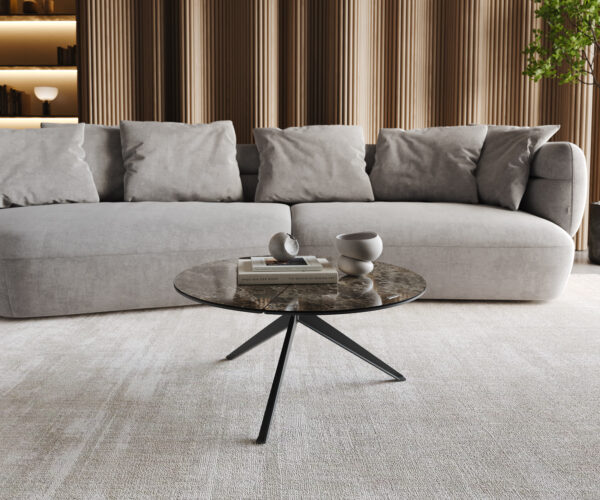 Konferenční stolek Delron 70x70 cm keramika Laminam Emperador Extra Lucidato tmavě hnědý křížový rám plochý kov černý - Image 2