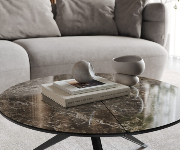Konferenční stolek Delron 70x70 cm keramika Laminam Emperador Extra Lucidato tmavě hnědý křížový rám plochý kov černý - Image 4