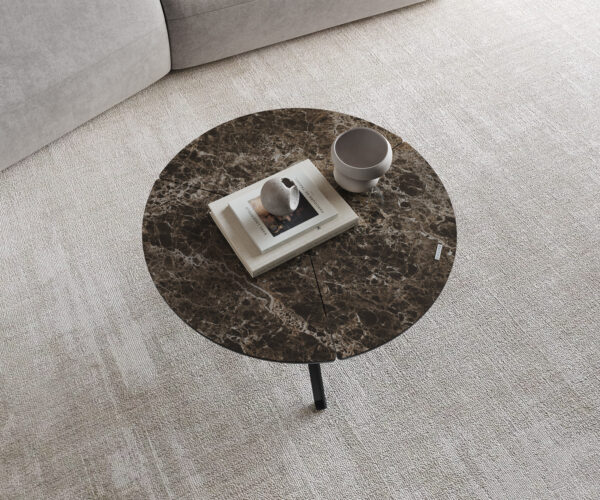 Konferenční stolek Delron 70x70 cm keramika Laminam Emperador Extra Lucidato tmavě hnědý křížový rám plochý kov černý - Image 3