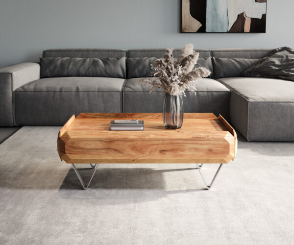 Konferenční stolek Kiano 100x50 cm přírodní akácie 2 zásuvky V-nohy nerezová ocel - Image 2