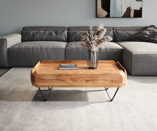 Konferenční stolek Kiano 100x50 cm přírodní akácie 2 zásuvky V-nohy černé - Image 2