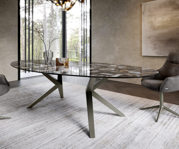 Jídelní stůl Edge oválný 280x130 keramika Iris FMG Agatablack Zenthara s hranatým kovovým efektem titan - Image 6