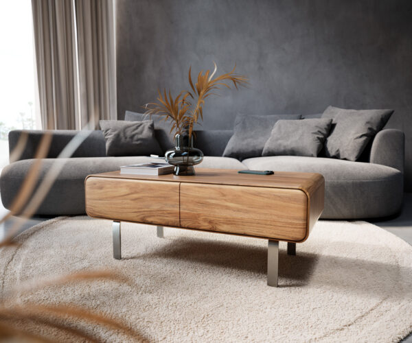 Konferenční stolek Anaya 100x50 cm akácie natural, 2 zásuvky, L-nohy z nerezové oceli - Image 4
