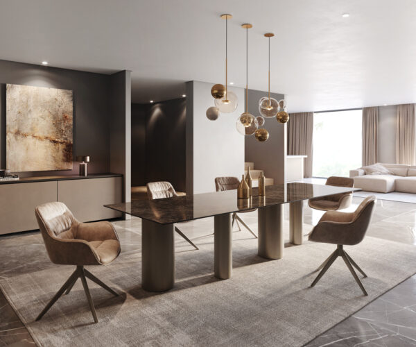 Jídelní stůl Edge 300x100 keramika Laminam Emperador Extra Lucidato tmavě hnědá Pilier kovový efekt titanový - Image 5