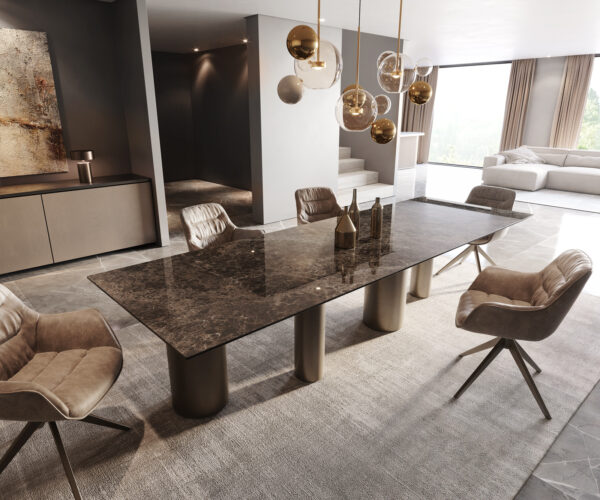 Jídelní stůl Edge 300x100 keramika Laminam Emperador Extra Lucidato tmavě hnědá Pilier kovový efekt titanový - Image 2
