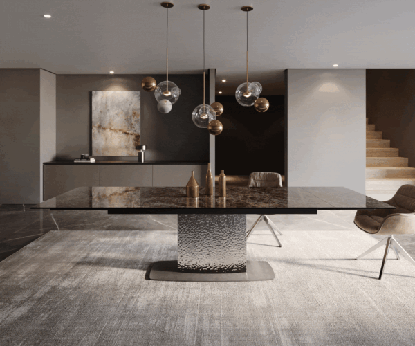 Jídelní stůl Edge 200-300x100 keramická deska Laminam Emperador Extra Lucidato tmavě hnědá Wave nerezová ocel rozkládací - Image 2