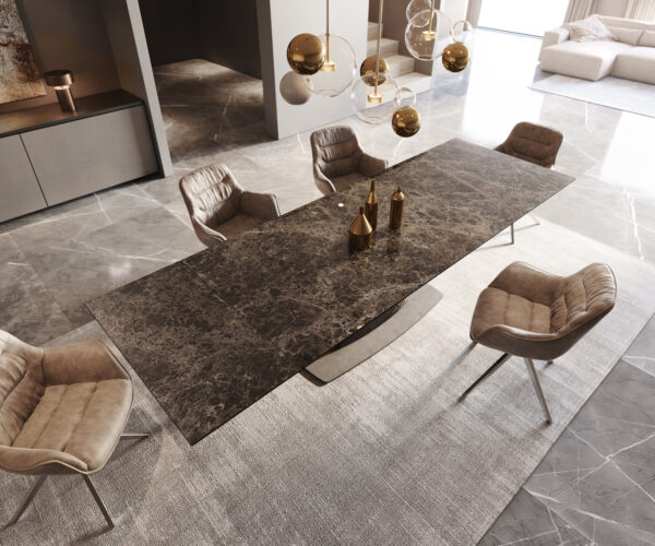 Jídelní stůl Edge 200-300x100 keramická deska Laminam Emperador Extra Lucidato tmavě hnědá Wave nerezová ocel rozkládací - Image 4