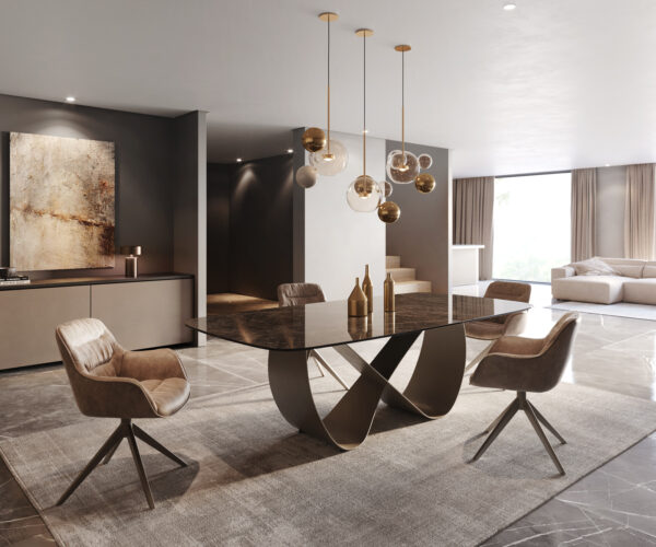 Jídelní stůl Edge lodě tvaru 240x120 keramika Laminam Emperador Extra Lucidato tmavě hnědá Infinity metalický efekt titanový povrch - Image 5