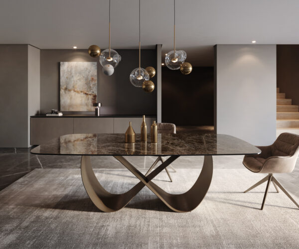 Jídelní stůl Edge lodě tvaru 240x120 keramika Laminam Emperador Extra Lucidato tmavě hnědá Infinity metalický efekt titanový povrch - Image 2