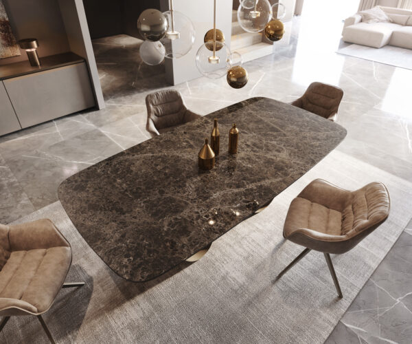Jídelní stůl Edge lodě tvaru 240x120 keramika Laminam Emperador Extra Lucidato tmavě hnědá Infinity metalický efekt titanový povrch - Image 4