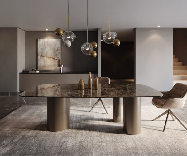 Jídelní stůl Edge lodě tvaru 240x120 keramika Laminam Emperador Extra Lucidato tmavě hnědá Troa kovový efekt titanový - Image 2