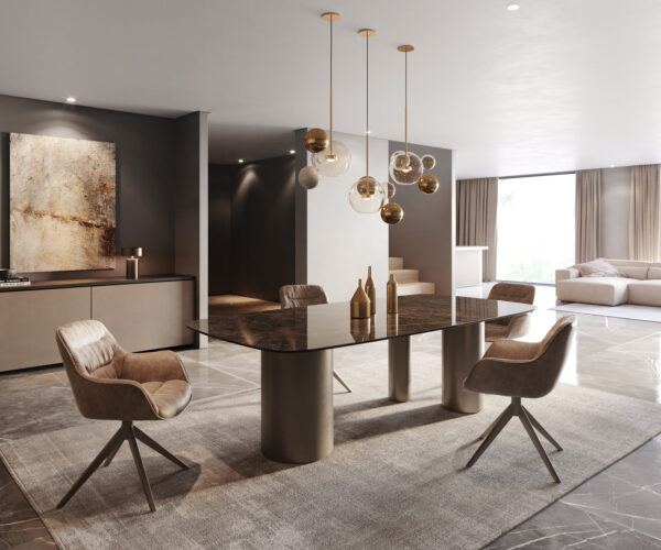 Jídelní stůl Edge lodě tvaru 240x120 keramika Laminam Emperador Extra Lucidato tmavě hnědá Troa kovový efekt titanový - Image 5