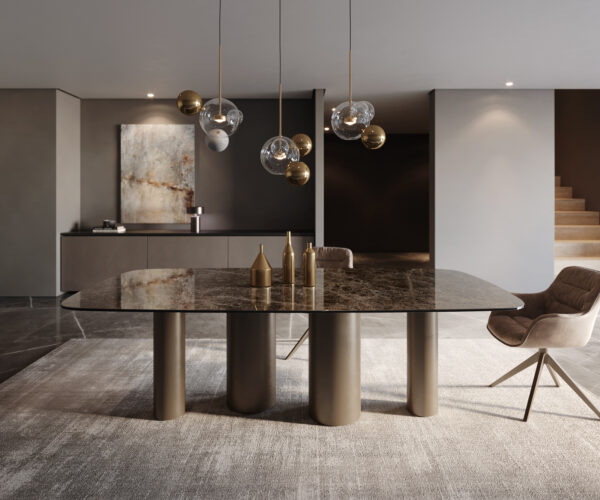 Jídelní stůl Edge lodě tvaru 240x120 keramika Laminam Emperador Extra Lucidato tmavě hnědá Pilier kovový efekt titanový - Image 2