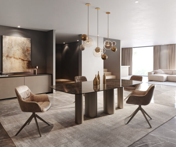 Jídelní stůl Edge lodě tvaru 240x120 keramika Laminam Emperador Extra Lucidato tmavě hnědá Pilier kovový efekt titanový - Image 5