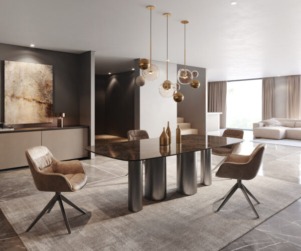 Jídelní stůl Edge lodní tvar 240x120 keramika Laminam Emperador Extra Lucidato tmavě hnědá Pilier nerezová ocel grafitová - Image 5