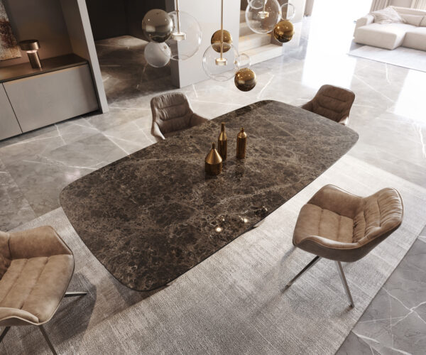 Jídelní stůl Edge lodní tvar 240x120 keramika Laminam Emperador Extra Lucidato tmavě hnědá Pilier nerezová ocel grafitová - Image 4