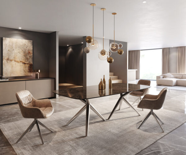 Jídelní stůl Edge lodě tvaru 240x120 Laminam Emperador Extra Lucidato tmavě hnědý estelar kulatý nerezový ocelový - Image 5