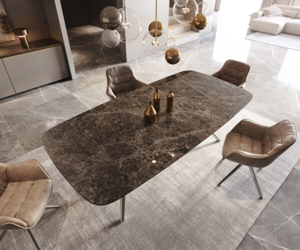 Jídelní stůl Edge lodě tvaru 240x120 Laminam Emperador Extra Lucidato tmavě hnědý estelar kulatý nerezový ocelový - Image 4