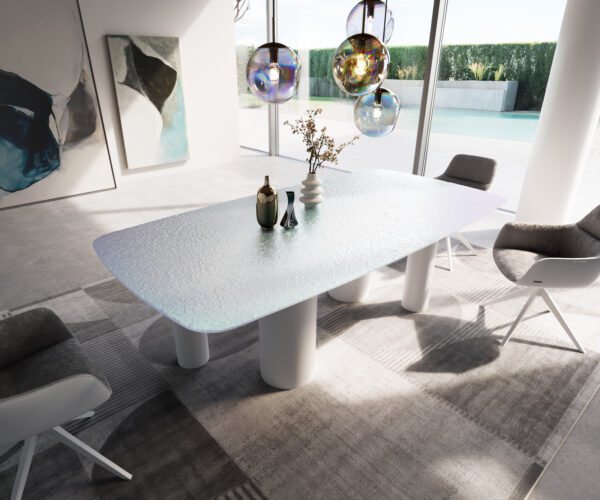Jídelní stůl Edge lodní tvar 240x120 reliéfní sklo perleť 3D design Pilier kov bílý - Image 2