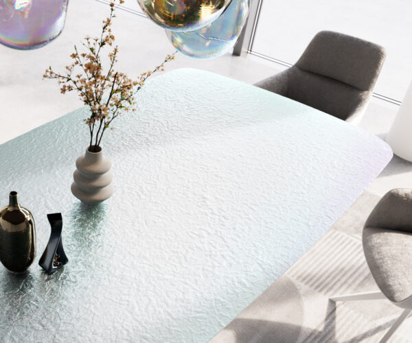Jídelní stůl Edge lodní tvar 240x120 reliéfní sklo perleť 3D design Pilier kov bílý - Image 5