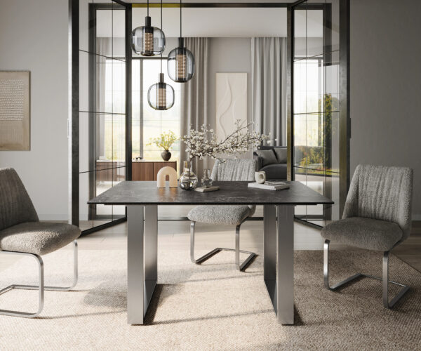 Jídelní stůl Edge 140x90 keramika Laminam® Nero Greco antracitová nerezová ocel úzký - Image 2