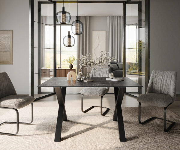 Jídelní stůl Edge 140x90 keramika Laminam® Nero Greco antracit, kovová konstrukce X-frame černá - Image 2