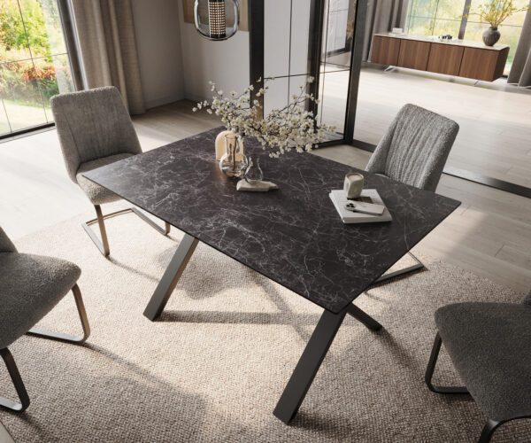 Jídelní stůl Edge 140x90 keramika Laminam® Nero Greco antracit, kovová konstrukce X-frame černá - Image 4