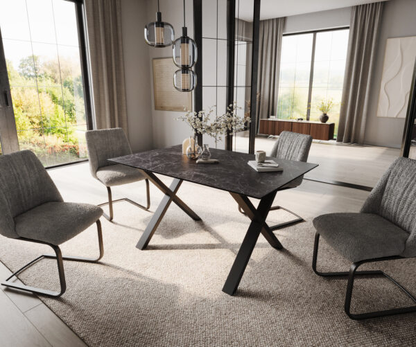 Jídelní stůl Edge 140x90 keramika Laminam® Nero Greco antracit, kovová konstrukce X-frame černá - Image 5