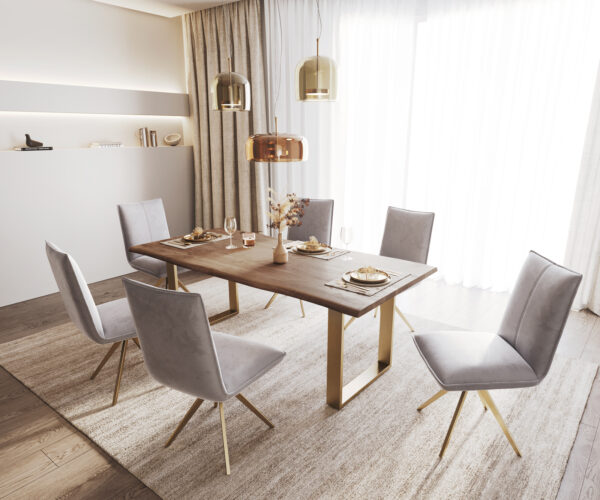Jídelní židle Lelio-Flex sametově šedé, křížová podnož, hranatá, zlatá, otočné o 180° - Image 5