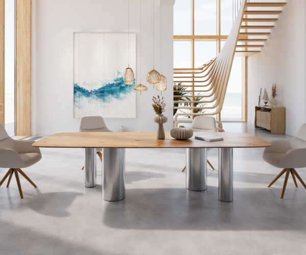Jídelní stůl Edge lodní tvar 300x120 cm přírodní dub Pilier nerezová ocel kartáčovaná švýcarská - Image 2