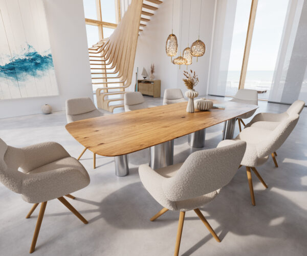 Jídelní stůl Edge lodní tvar 300x120 cm přírodní dub Pilier nerezová ocel kartáčovaná švýcarská - Image 6