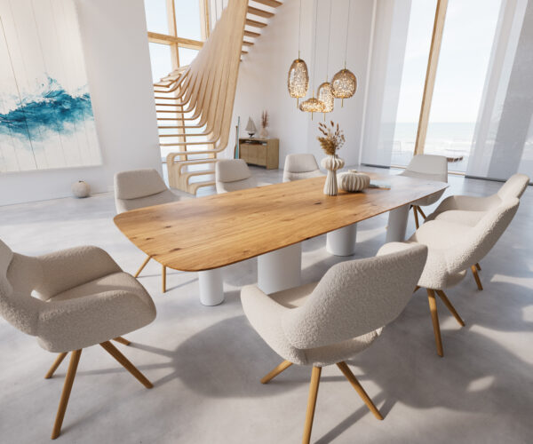 Jídelní stůl Edge lodní tvar 300x120 cm přírodní dub Pilier kov bílý Swiss - Image 6