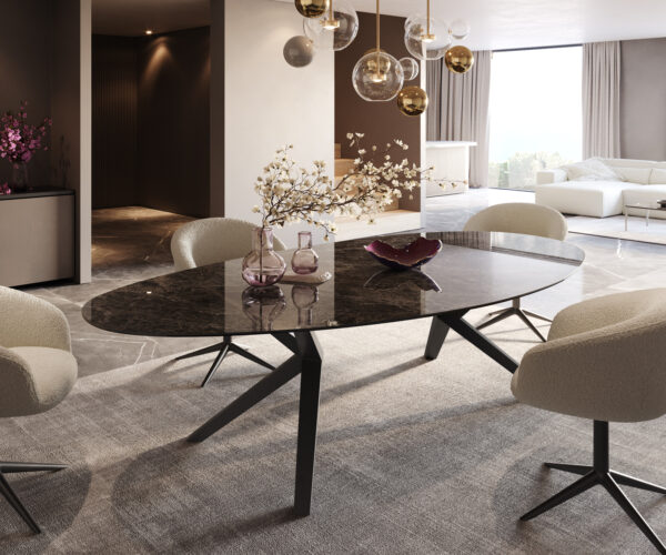 Jídelní stůl Edge 280x130 cm keramika Laminam® Emperador Extra Lucidato tmavě hnědá Zenthara úhlová kovová černá