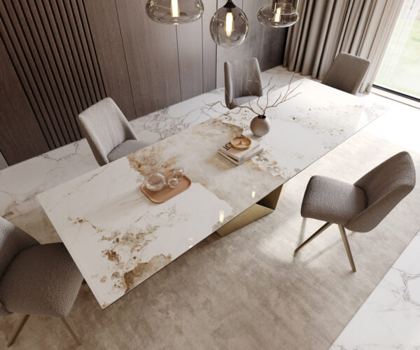Jídelní stůl Edge 300x100 keramika Minas Melange bílá béžová Prisma Metallic zlatá - Image 4
