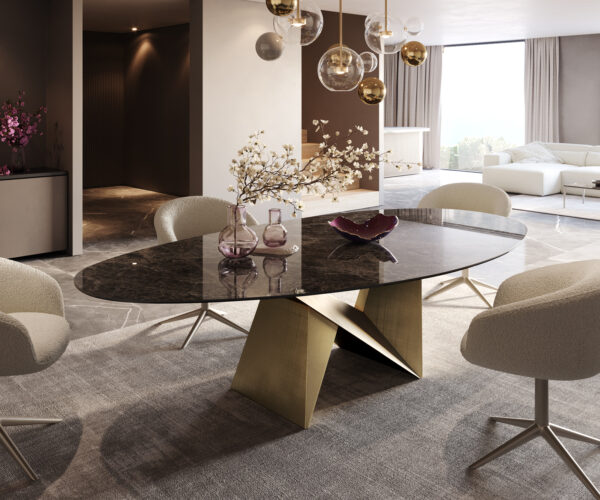 Jídelní stůl Edge oválný 280x130 keramika Laminam® Emperador Extra Lucidato tmavě hnědý Origami metalická zlatá