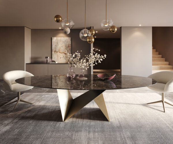 Jídelní stůl Edge oválný 280x130 keramika Laminam® Emperador Extra Lucidato tmavě hnědý Origami metalická zlatá - Image 2